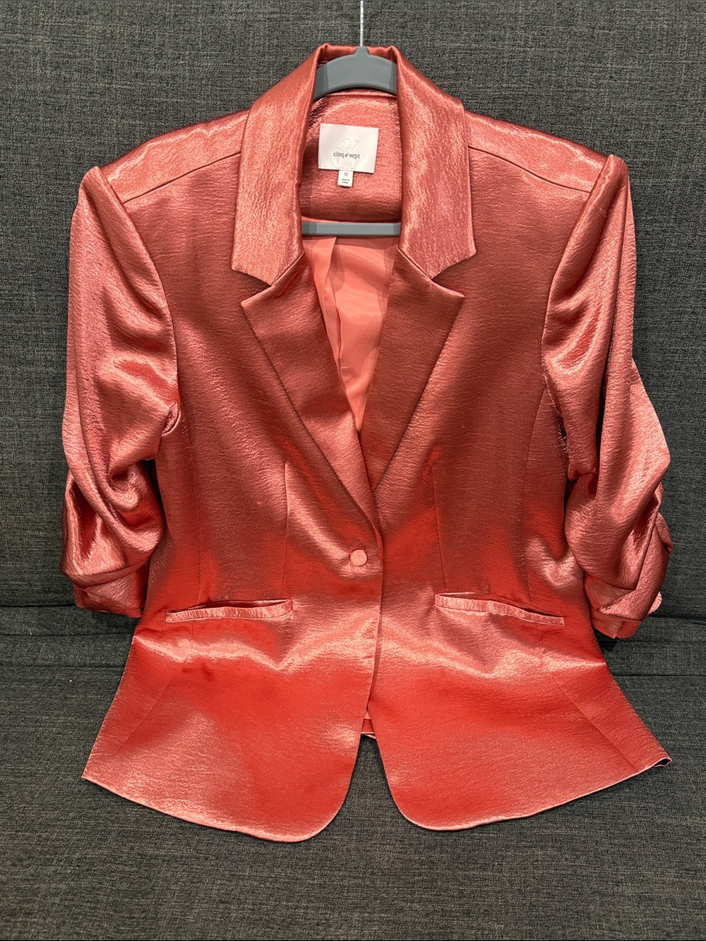 cinq a sept Metallic Coral-Red Blazer with Ruched Sleeves